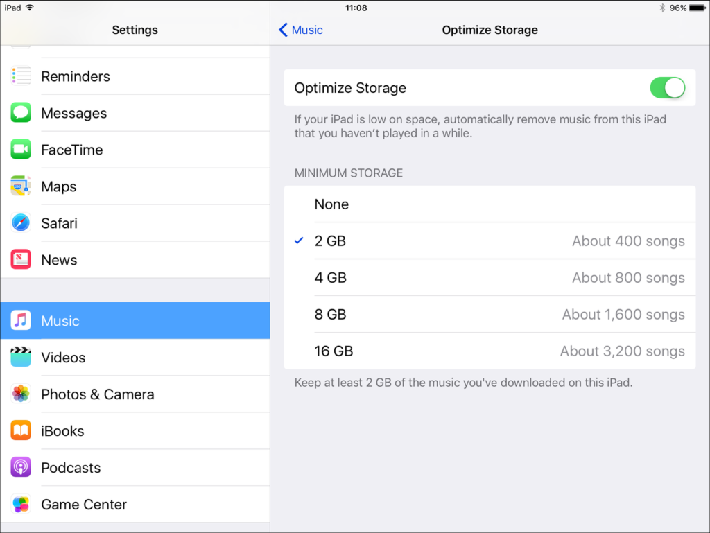 screenshot of the optimise storage setting under music menu on an iPad